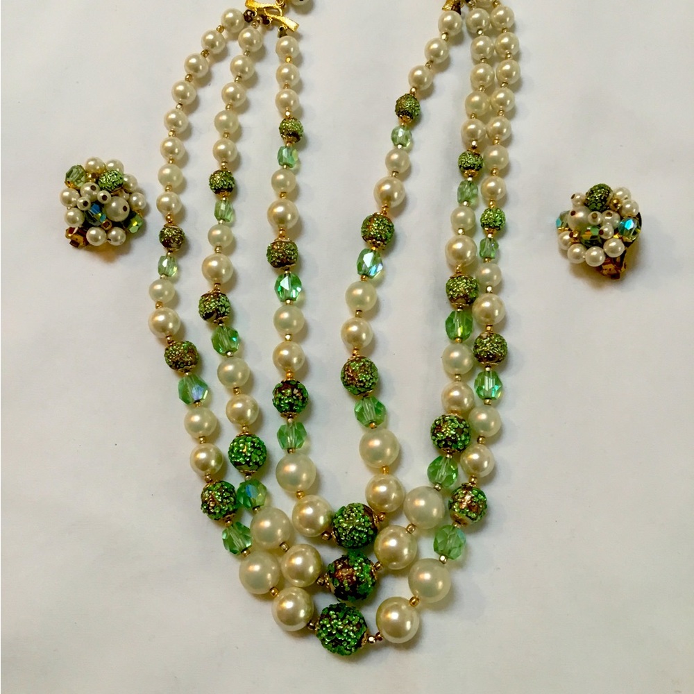 Vintage Necklace 18”with matching earrings;3 strands of green,white beads.